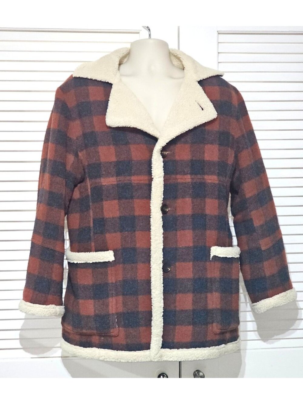 Stampd Men's  Brown Wool Court Plaid Coat Shearling Lined Coat Size Medium 300